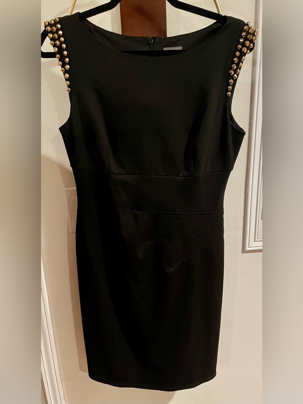 Vince Camuto Black Sheath Dress with Gold Studded Shoulders